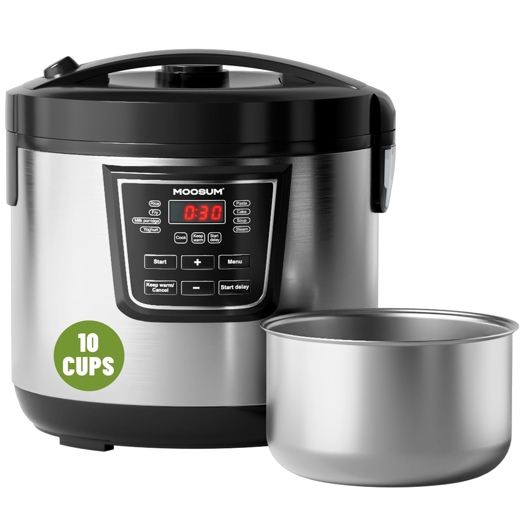 10-Cup Uncooked 8 Functions Rice Cooker with Stainless Steel Pot, Silv   moosum