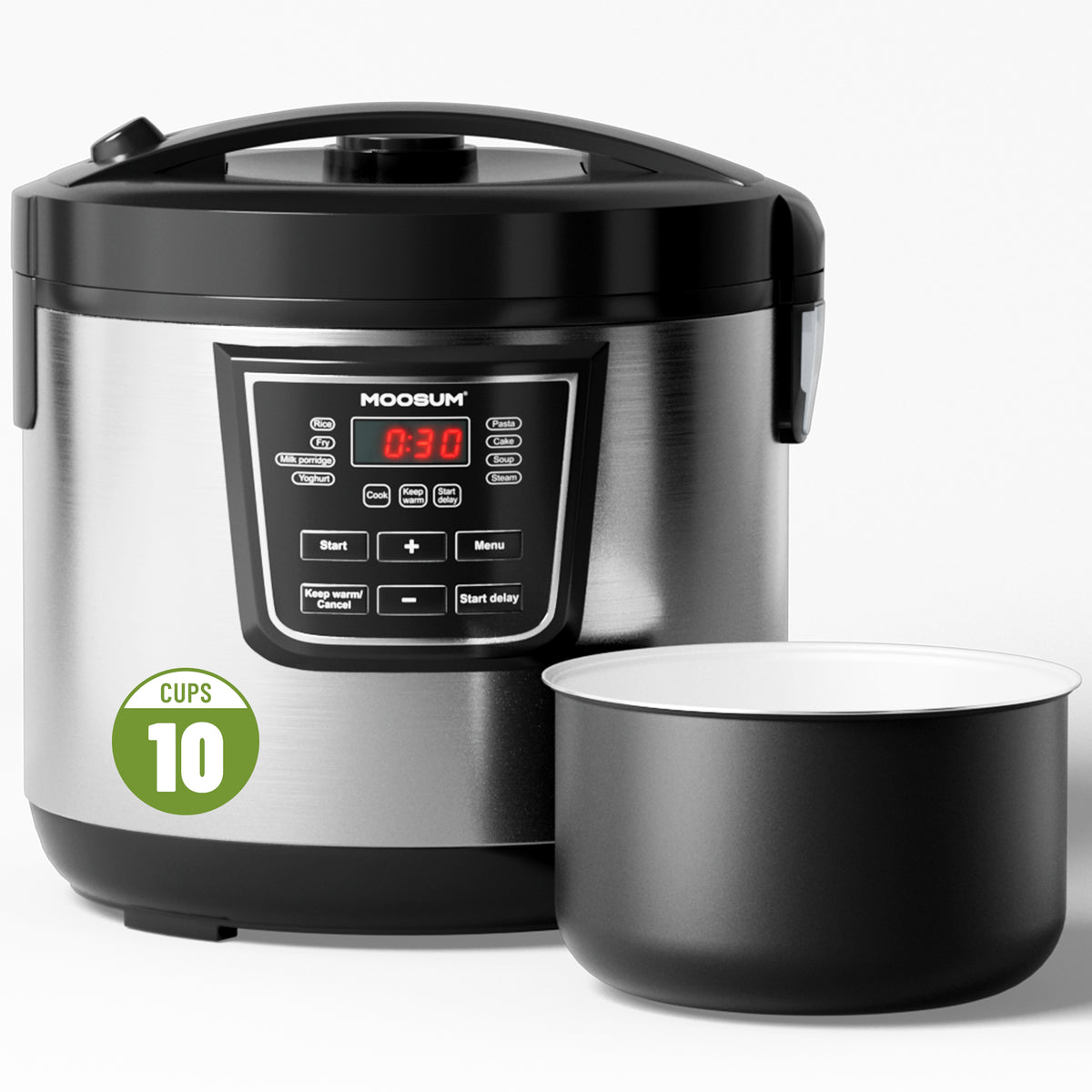 Line Coating Rice Cooker 10-Cup Uncooked 8 Functions Rice Cooker with Ceramic Coating Pot, Silv ...