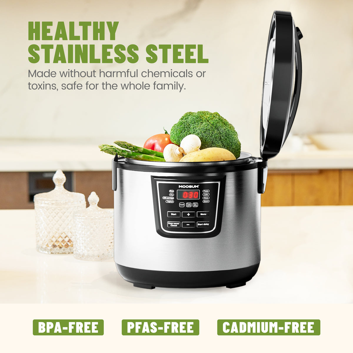 Function Rice Steel Box 10-Cup Uncooked 8 Functions Rice Cooker with Stainless Steel Pot, Silv ...