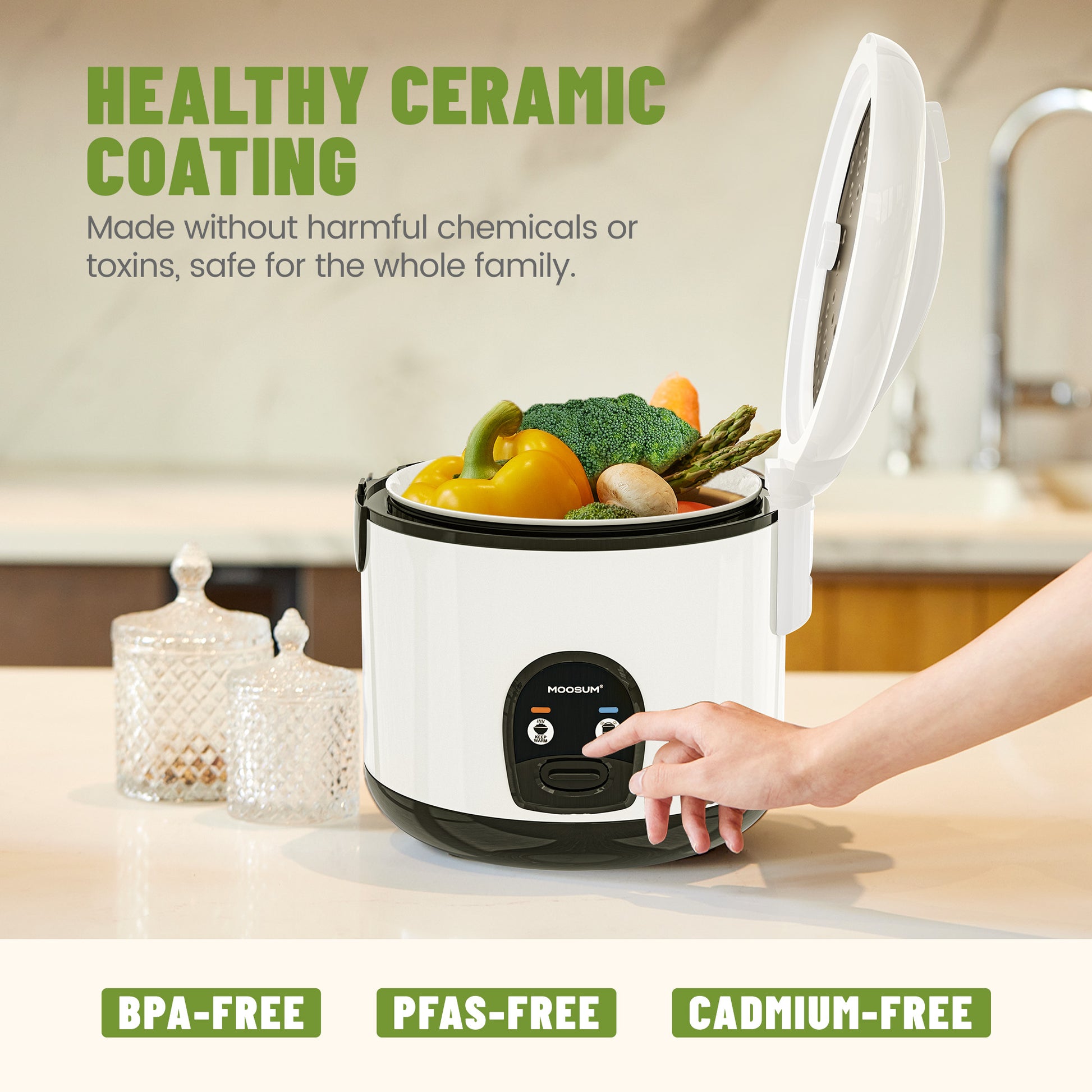 Line Coating Rice Cooker 10-Cup Uncooked Ceramic Coating Rice Cooker, White β moosum