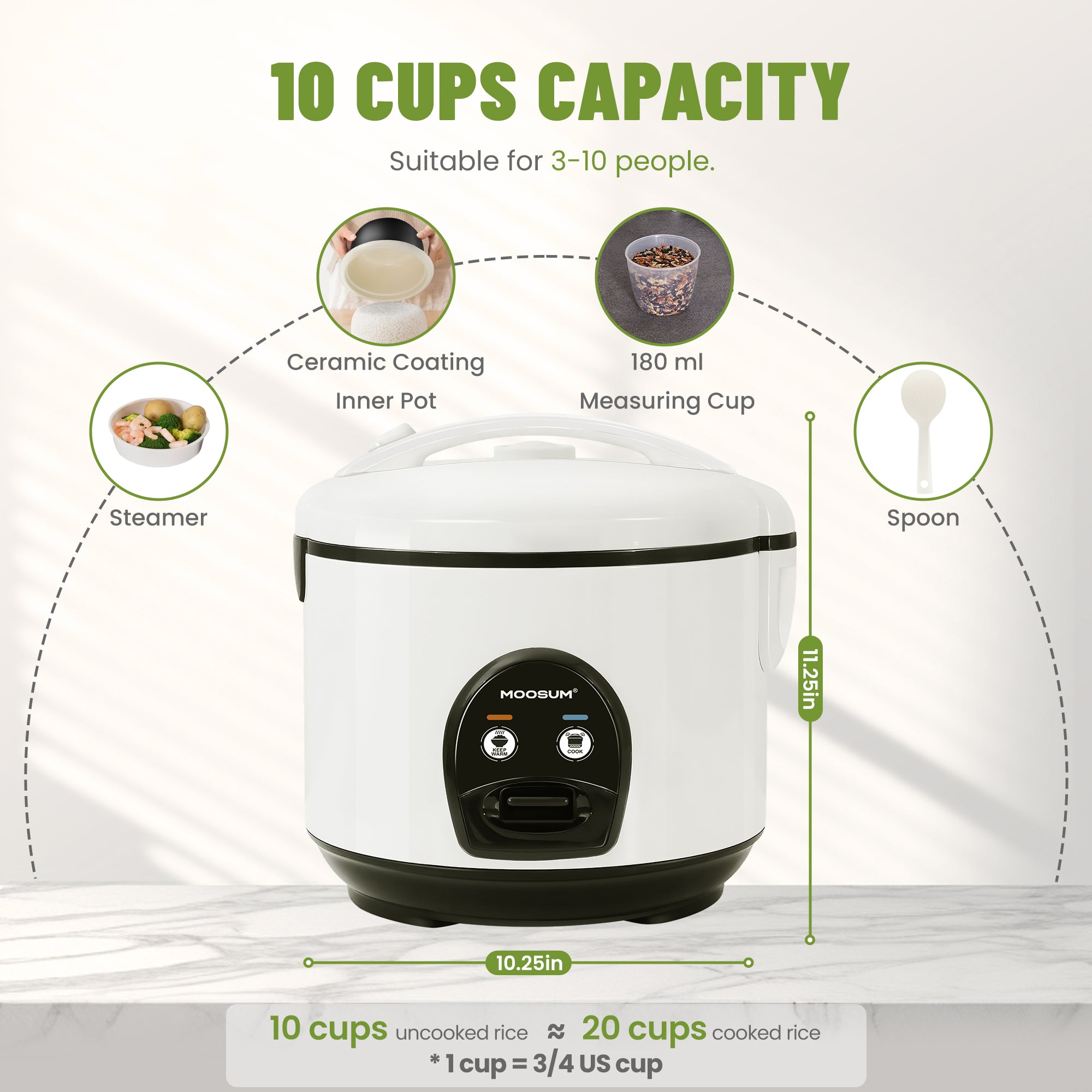 10-Cup Uncooked Ceramic Coating Rice Cooker, White