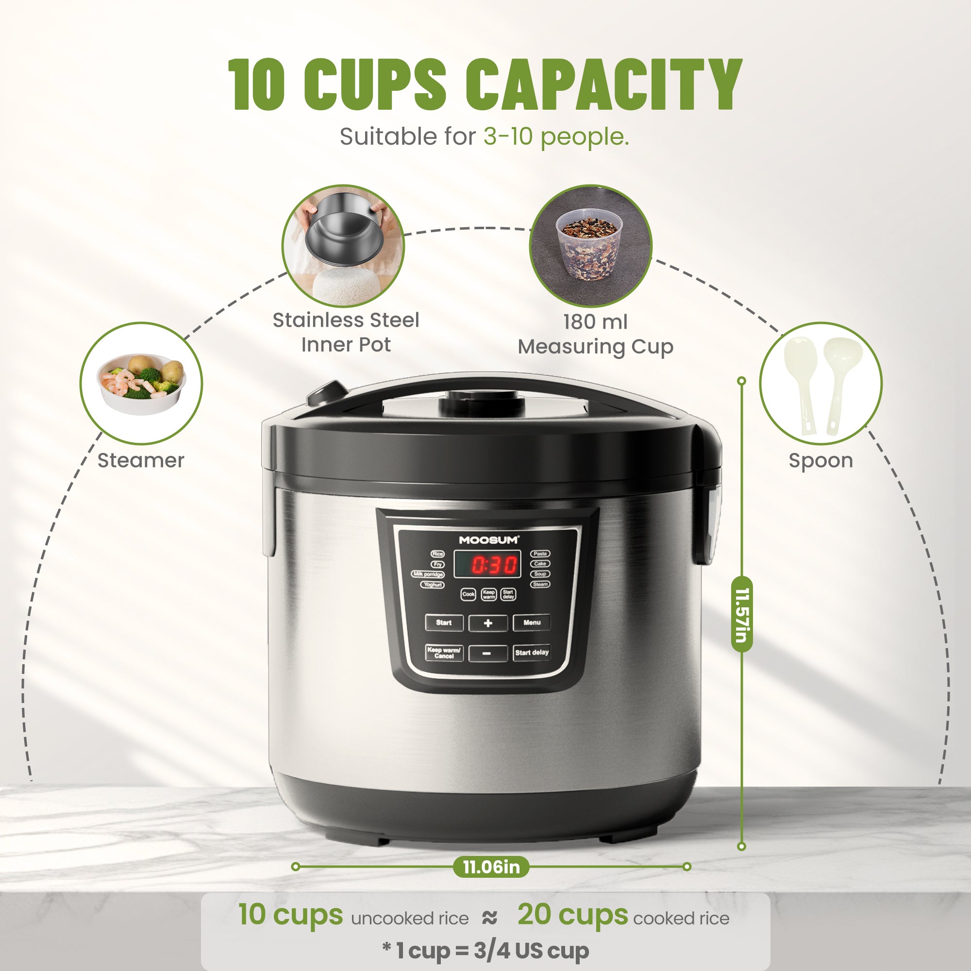10-Cup Uncooked 8 Functions Rice Cooker with Stainless Steel Pot, Silv –  moosum