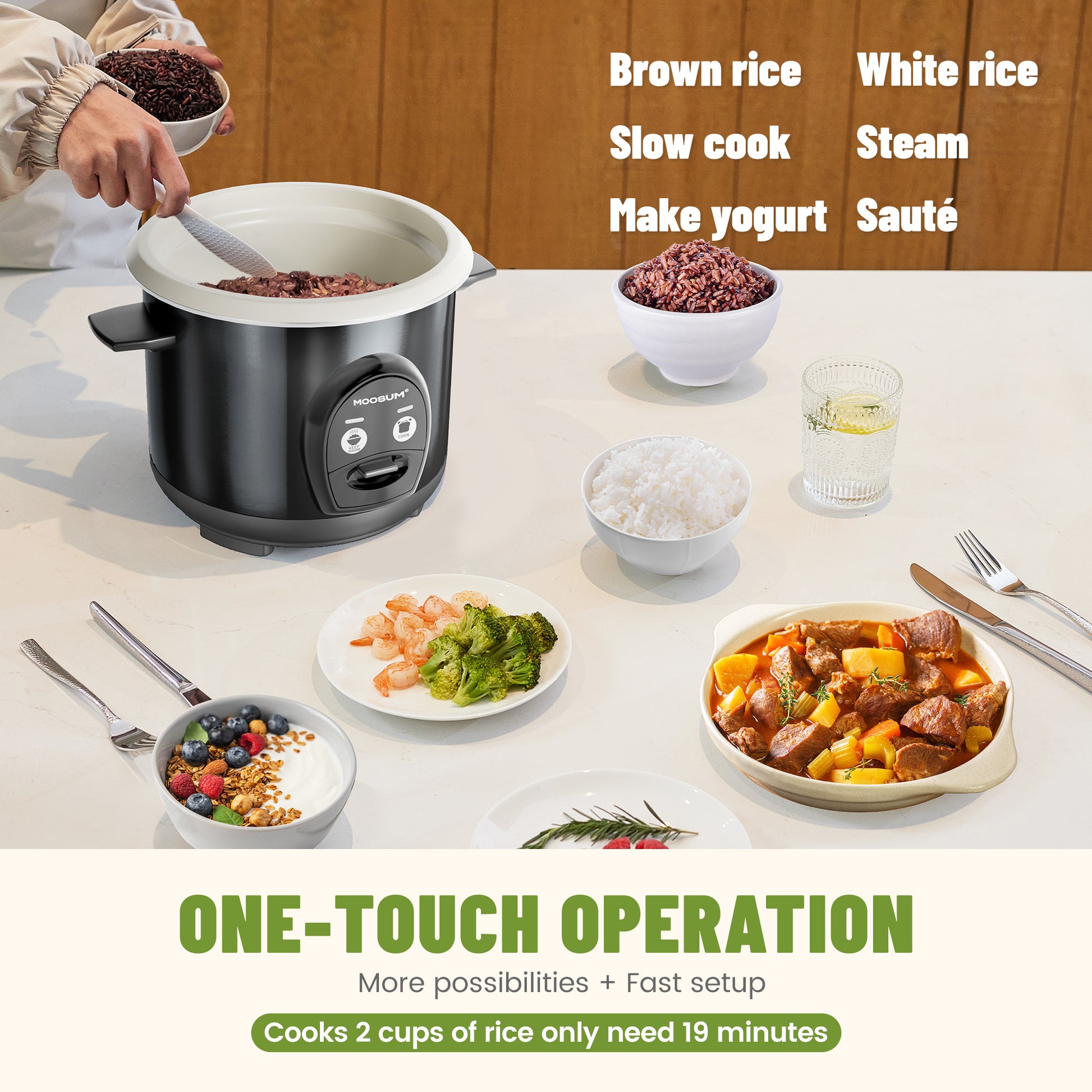Line Coating Rice Cooker 3-Cup Uncooked Ceramic Coating Small Rice Cooker, Black β moosum
