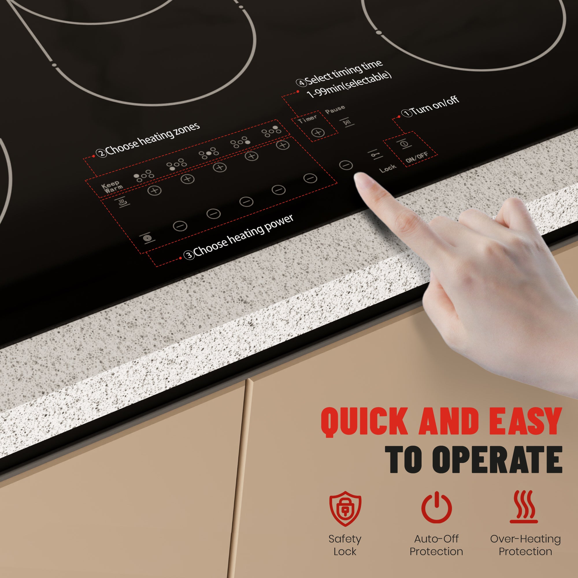 30-inch Electric Cooktop with 5 Burners & Griddle - 9 Power Levels, 220-240V (No Plug)