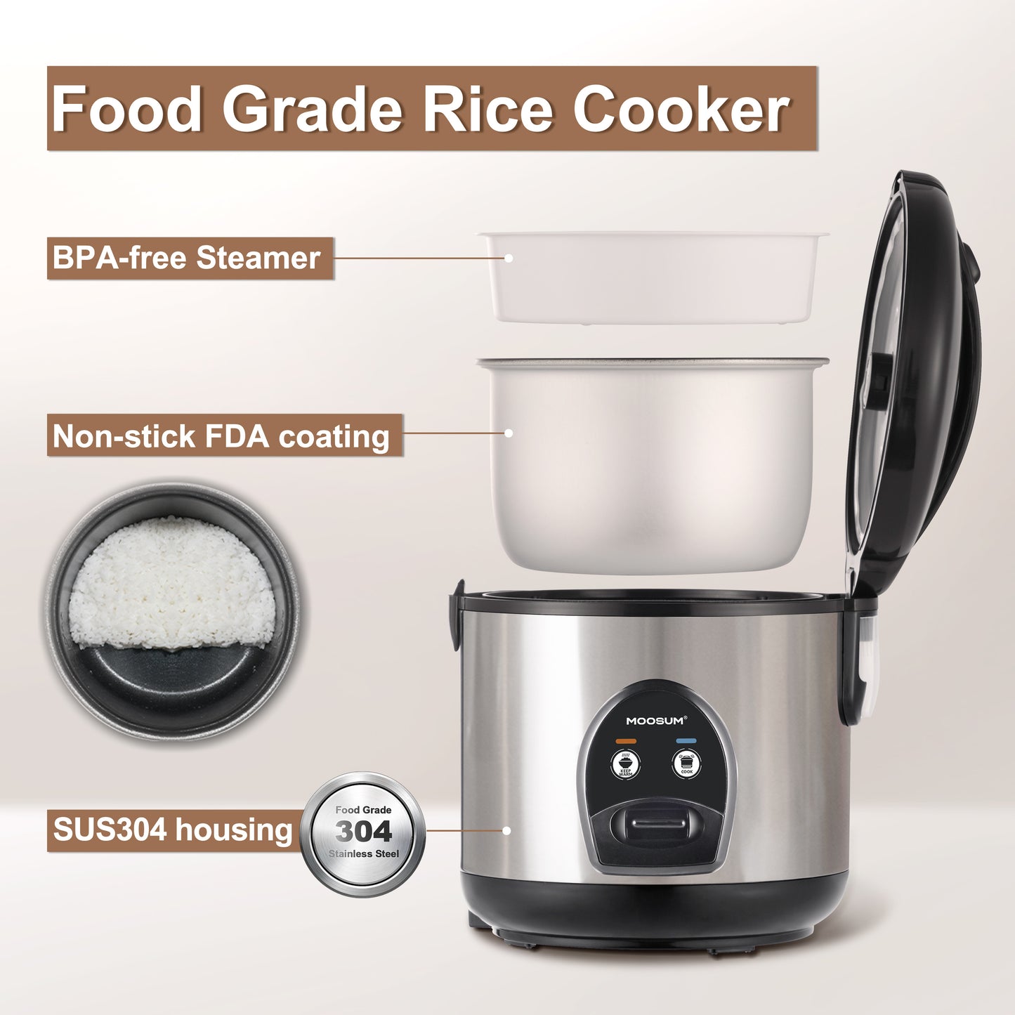 MOOSUM Electric Rice Cooker with One Touch for Asian Japanese Sushi Rice, 3-Cup Uncooked/6-cup Cooked, Fast&Convenient Cooker with Ceramic Nonstick