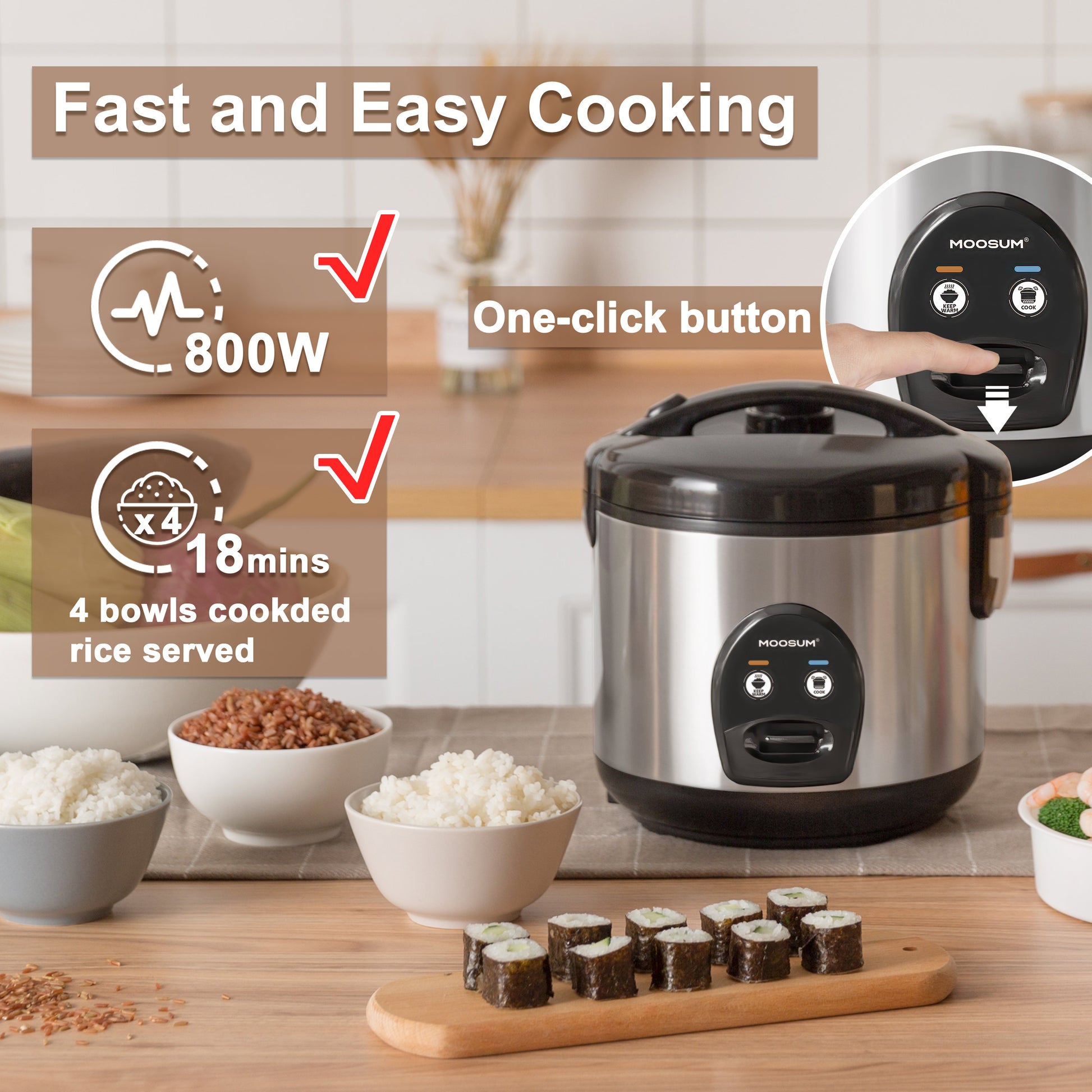 MOOSUM Electric Rice Cooker 10-cup cooked/5-cup uncooked/2.5Qt